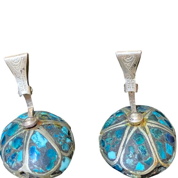 1" x .75" Vintage Sterling Silver Indian Clip-On Earrings With Crushed Turquoise - Picture 6 of 8